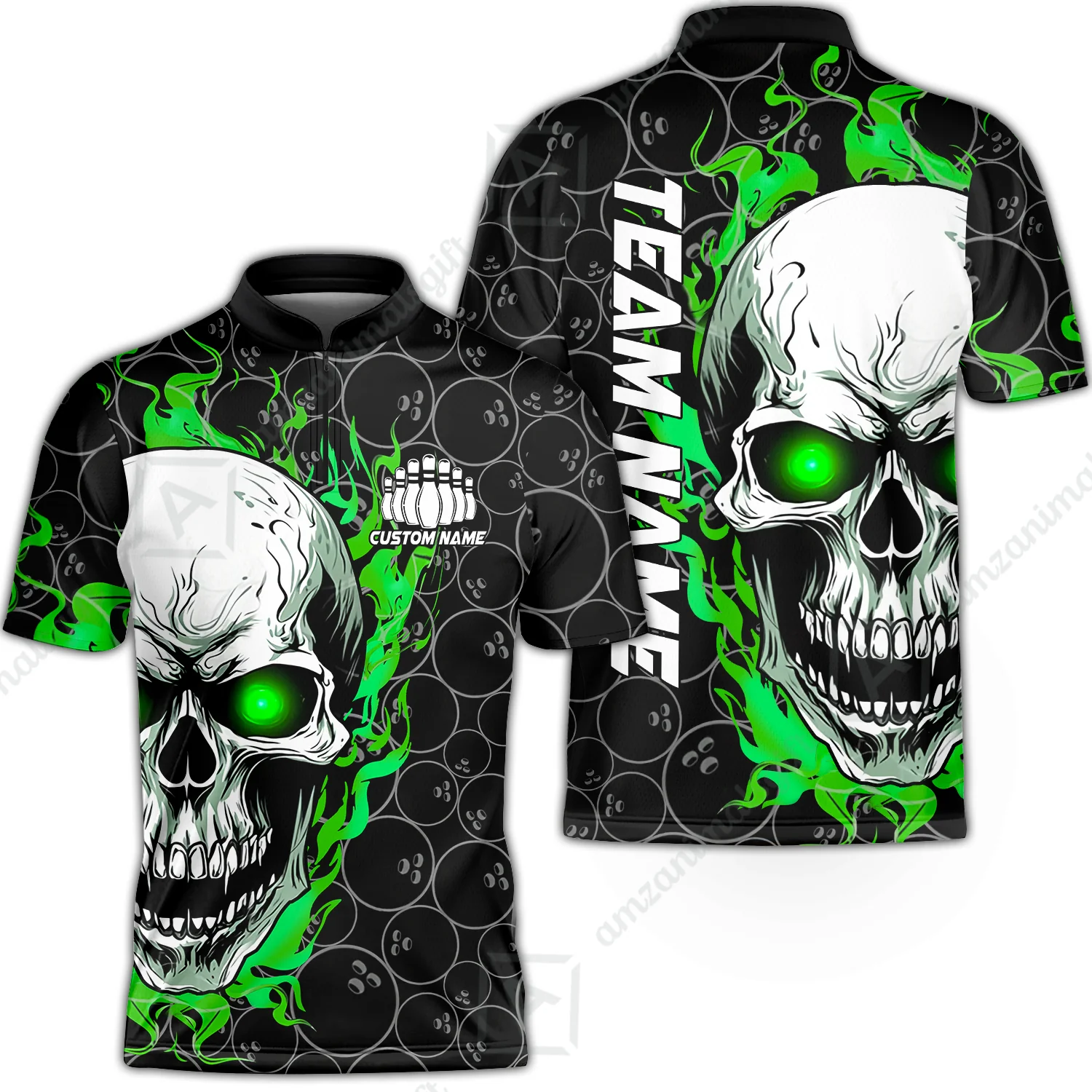 Personalized Bowling Unisex Polo Shirt, Green Flaming Skull Shirt For For Team Men Women Bowlers - Image 9