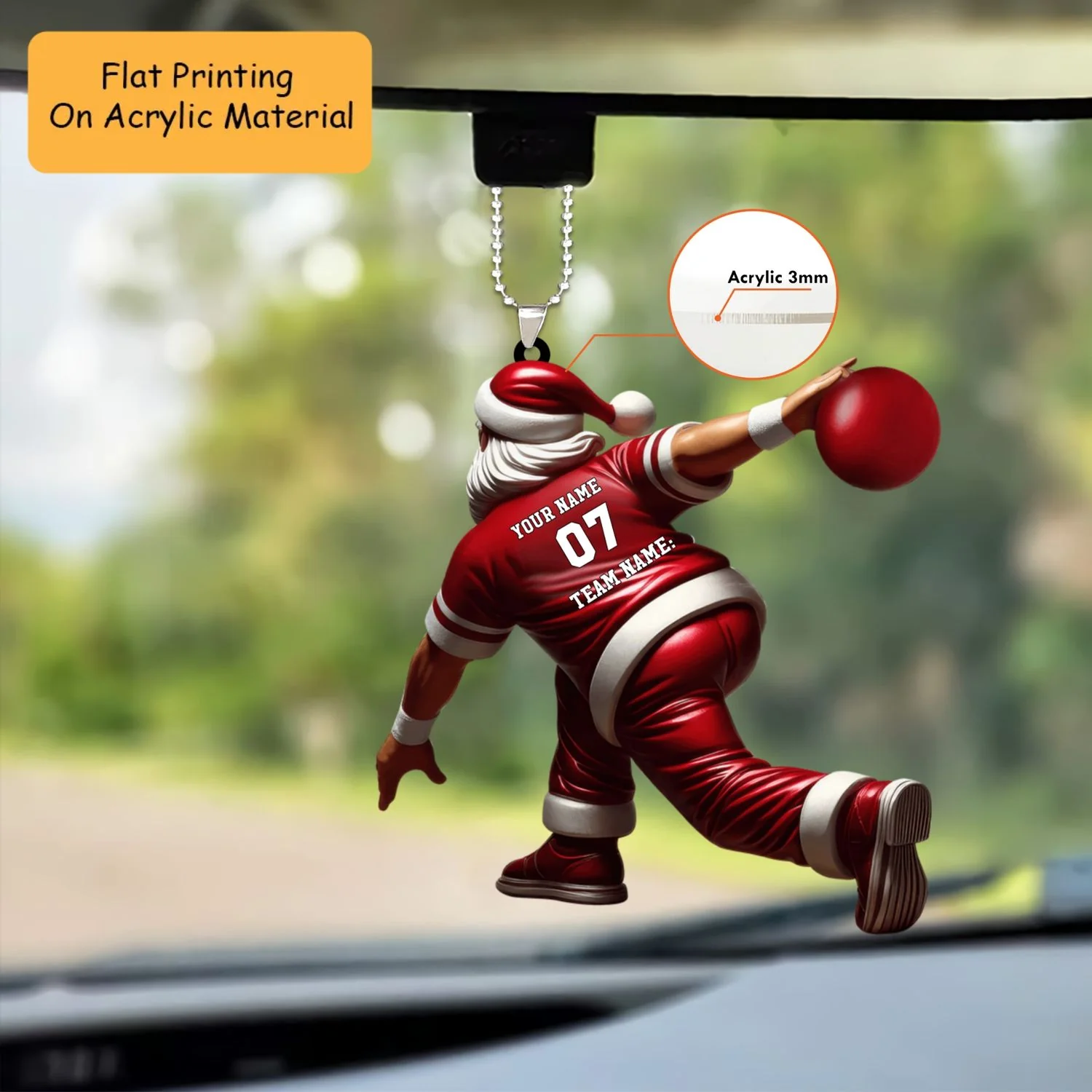 Personalized Bowling Santa Holding Pins Acrylic Ornament, Bowling Keychain, Car Ornament, Christmas Ornament Gifts - Image 2