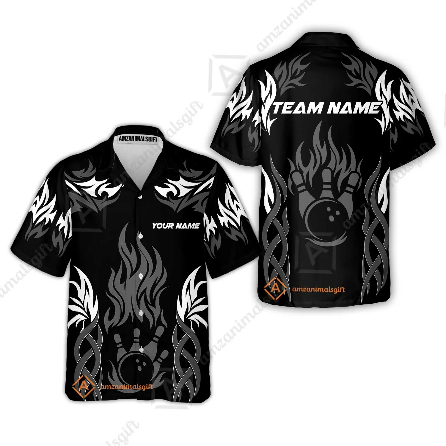 Personalized Bowling Team Hawaiian Shirt, Tribal And Bowling Flame Multi Option Customized Polo Shirt - Black - Image 6