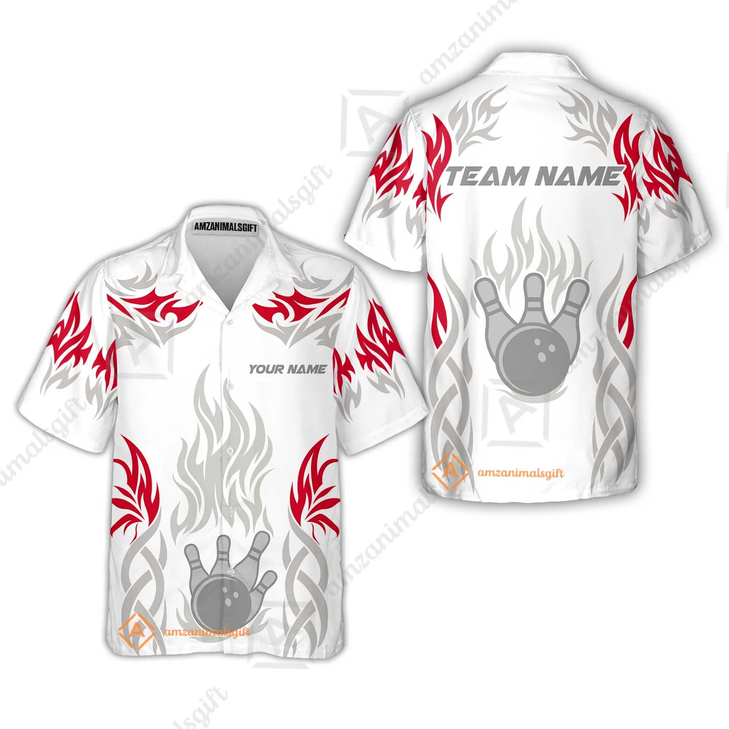 Personalized Bowling Team Hawaiian Shirt, Tribal And Bowling Flame Multi Option Customized Polo Shirt - White - Image 2