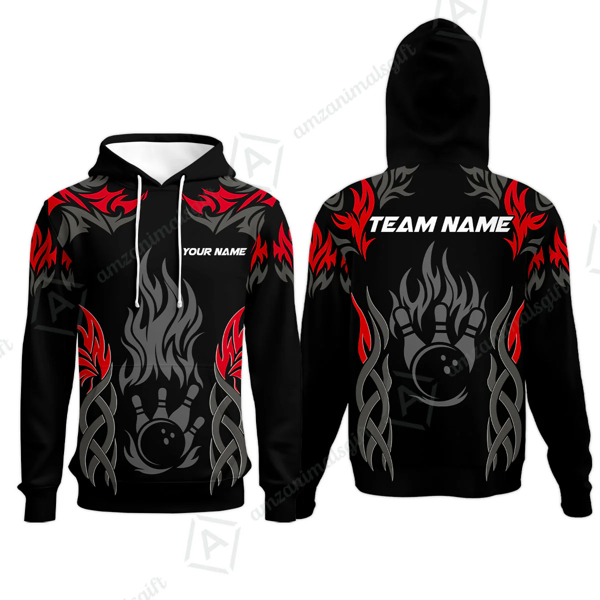 Personalized Bowling Team Hoodie, Tribal And Bowling Flame Multi Option Customized Polo Shirt - Black - Image 4