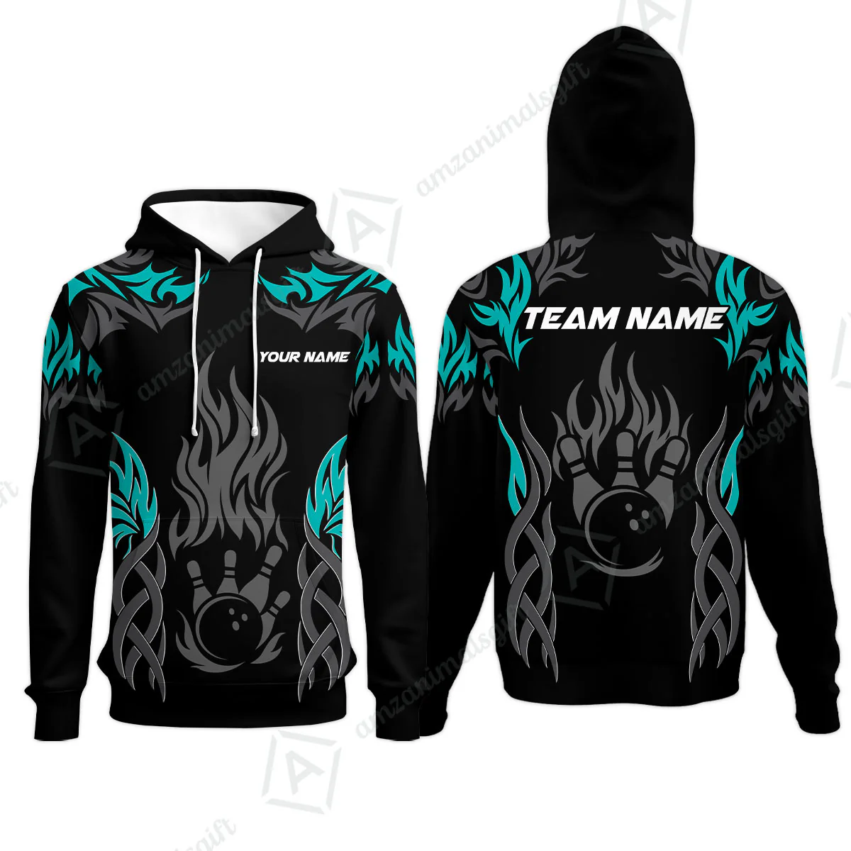 Personalized Bowling Team Hoodie, Tribal And Bowling Flame Multi Option Customized Polo Shirt - Black - Image 5