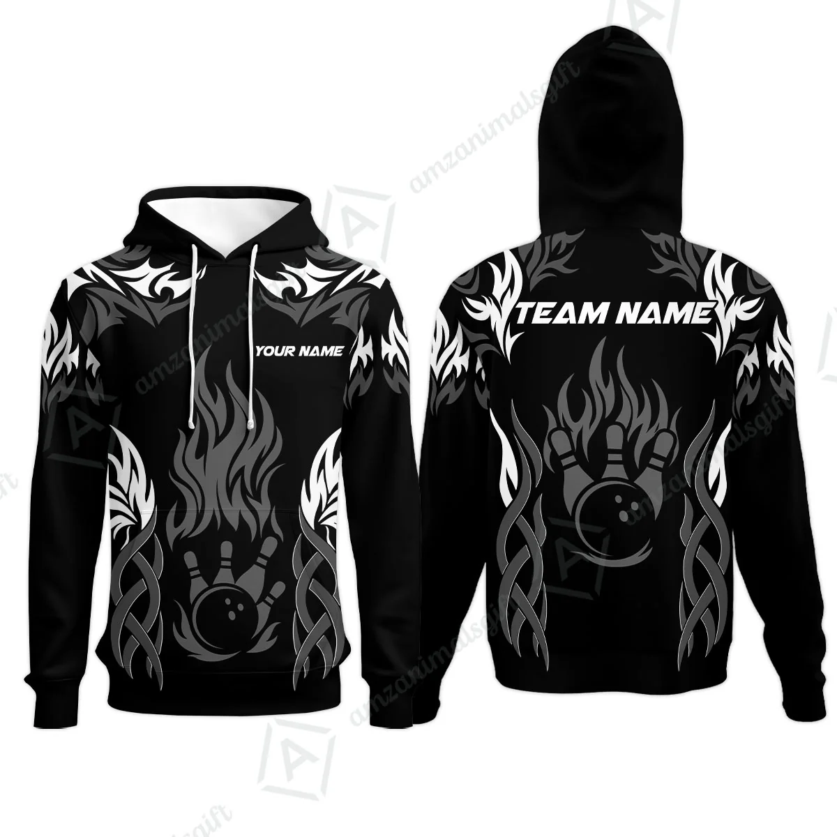 Personalized Bowling Team Hoodie, Tribal And Bowling Flame Multi Option Customized Polo Shirt - Black - Image 6