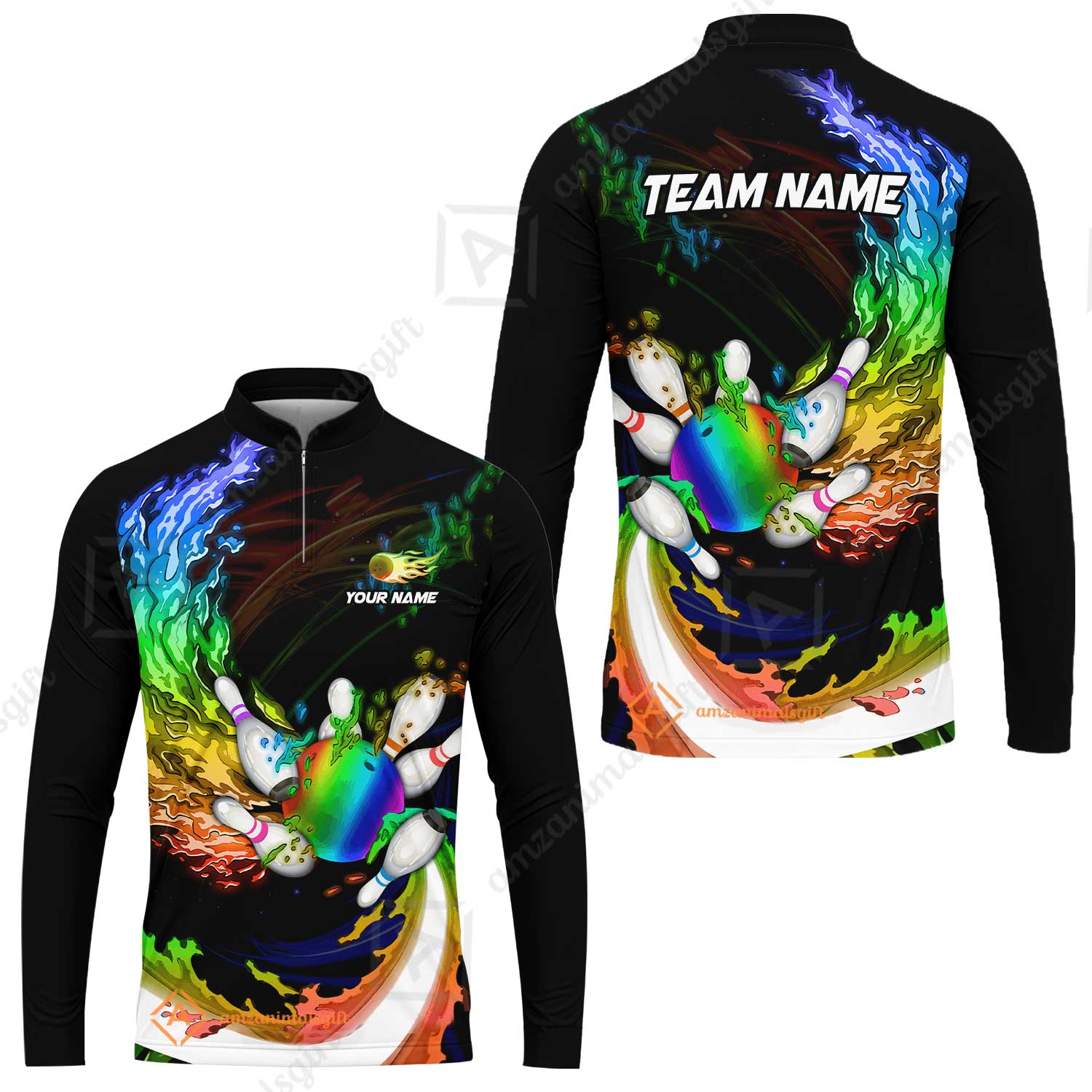 Personalized Bowling Team Long Sleeve Jersey Breath Of Flaming Bowling Ball And Pins Multicolor Custom Name, Team Name For Bowlers - Image 2