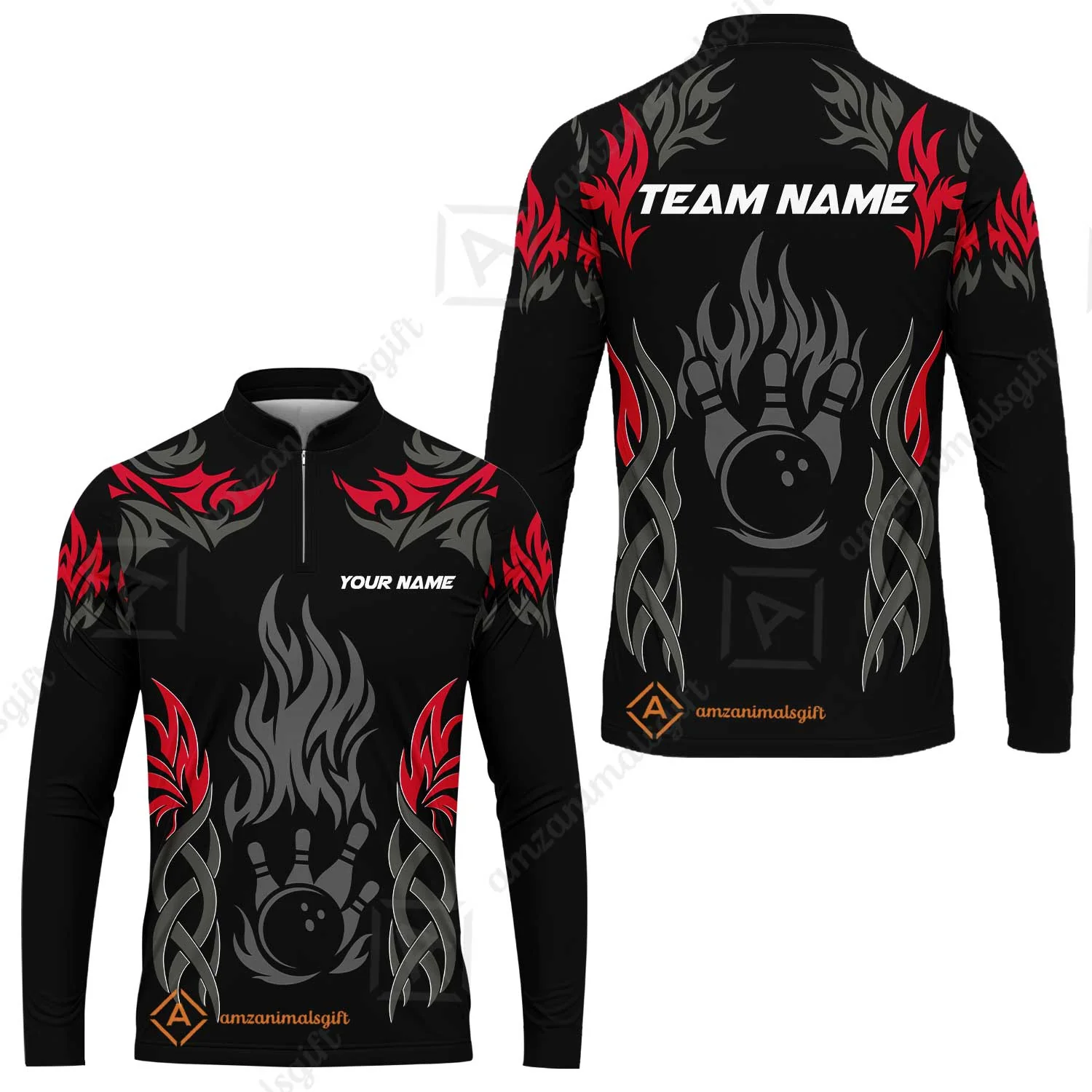 Personalized Bowling Team Long Sleeve Jersey, Tribal And Bowling Flame Multi Option Customized Shirt - Black - Image 3