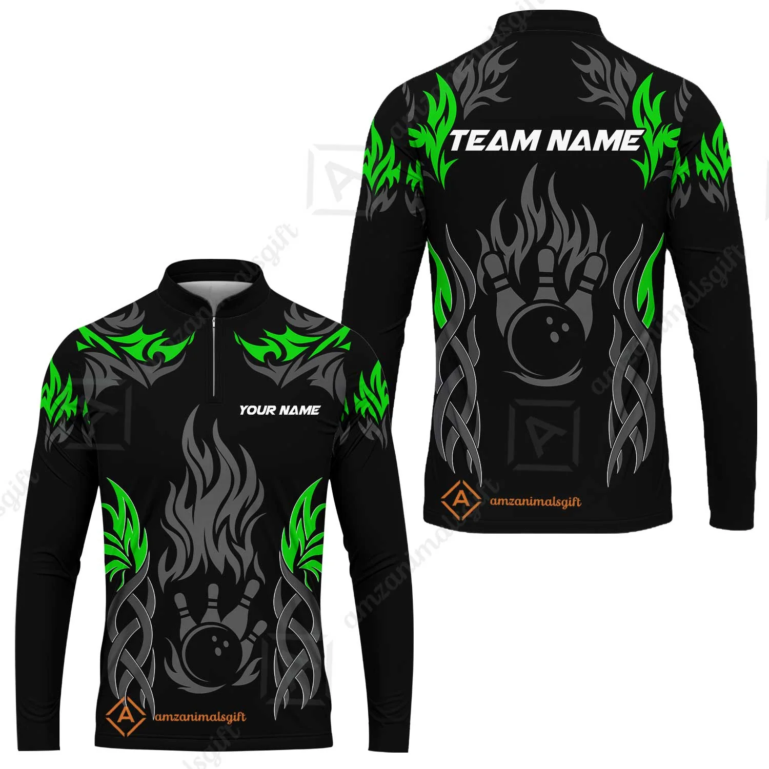 Personalized Bowling Team Long Sleeve Jersey, Tribal And Bowling Flame Multi Option Customized Shirt - Black - Image 4