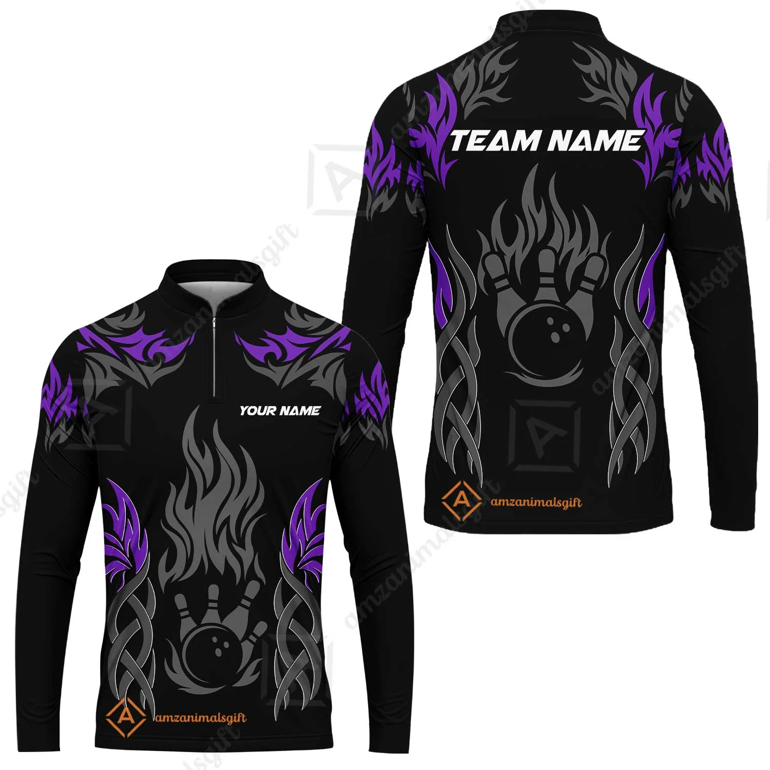 Personalized Bowling Team Long Sleeve Jersey, Tribal And Bowling Flame Multi Option Customized Shirt - Black - Image 5