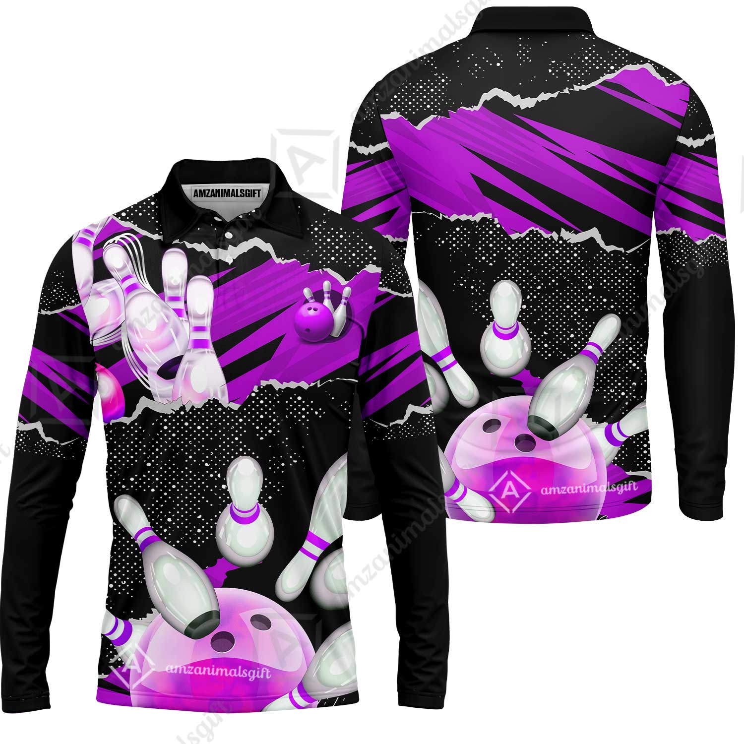 Personalized Bowling Team Long Sleeve Polo Shirt, Bowling Uniforms Ball & Pins Sport Pattern Custom Name And Team Name - Image 4