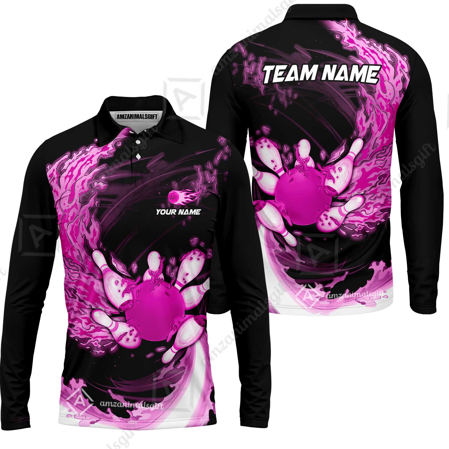 Personalized Bowling Team Long Sleeve Polo Shirt Breath Of Flaming Bowling Ball And Pins Multicolor Custom Name, Team Name For Bowlers - Image 3