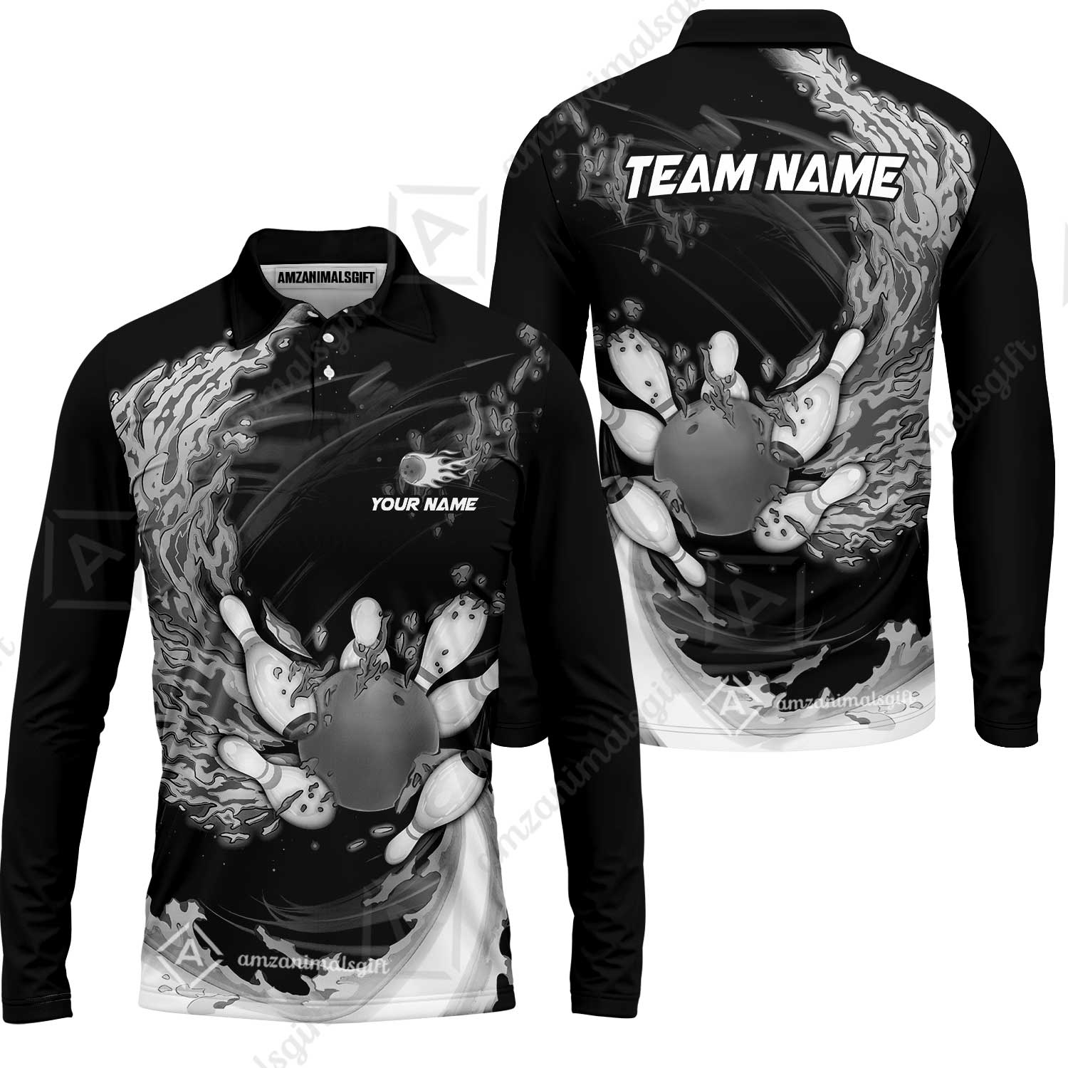 Personalized Bowling Team Long Sleeve Polo Shirt Breath Of Flaming Bowling Ball And Pins Multicolor Custom Name, Team Name For Bowlers - Image 4
