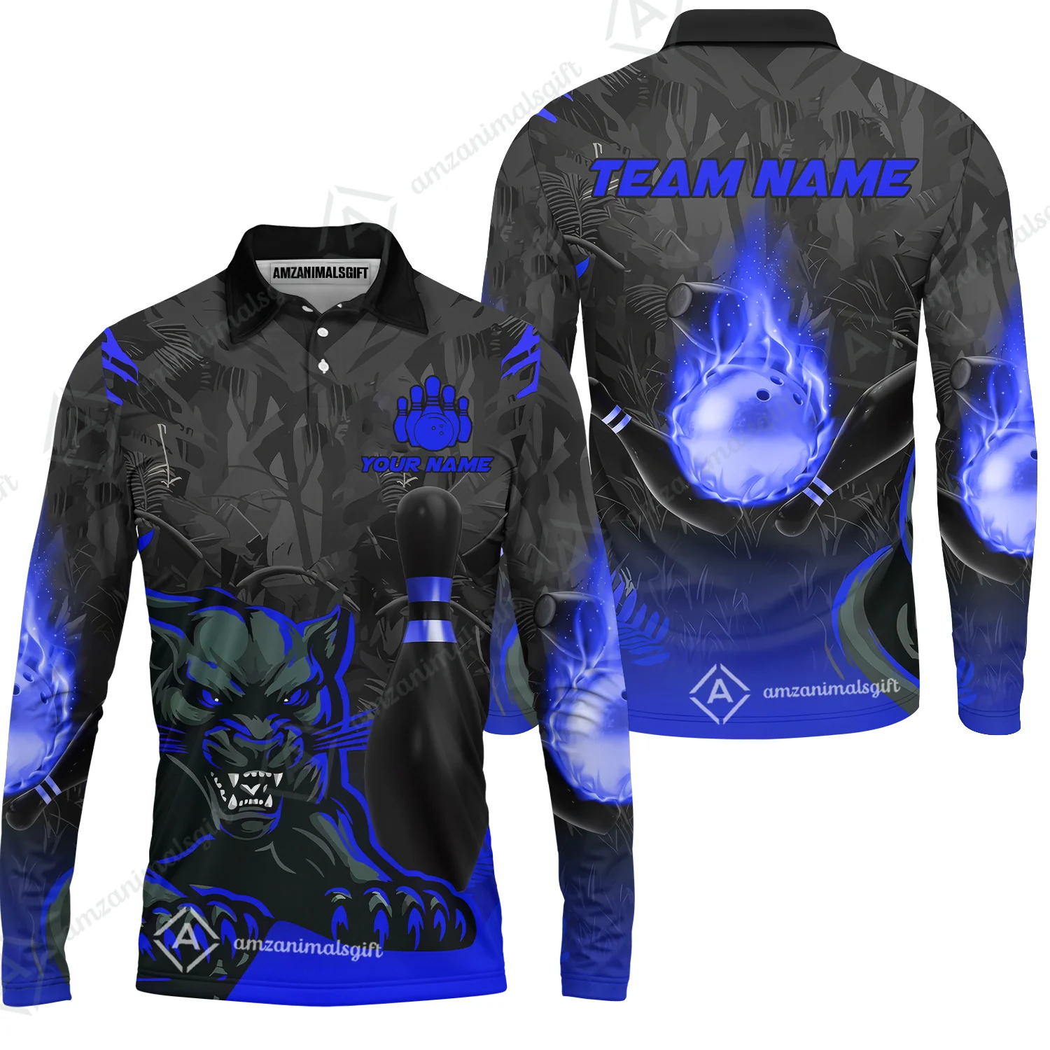 Personalized Bowling Team Long Sleeve Polo Shirt With Black Panther And Pin, Custom Name And Team Name For Bowlers - Image 2