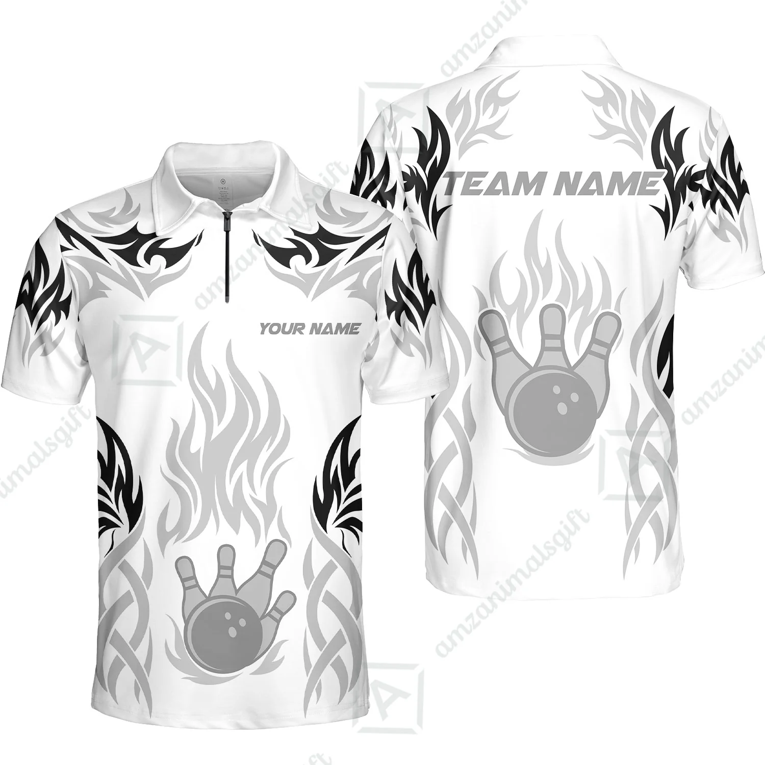 Personalized Bowling Team Quarter-Zip Polo Shirt, Tribal And Bowling Flame Multi Option Customized Zip Polo Shirt - White - Image 2
