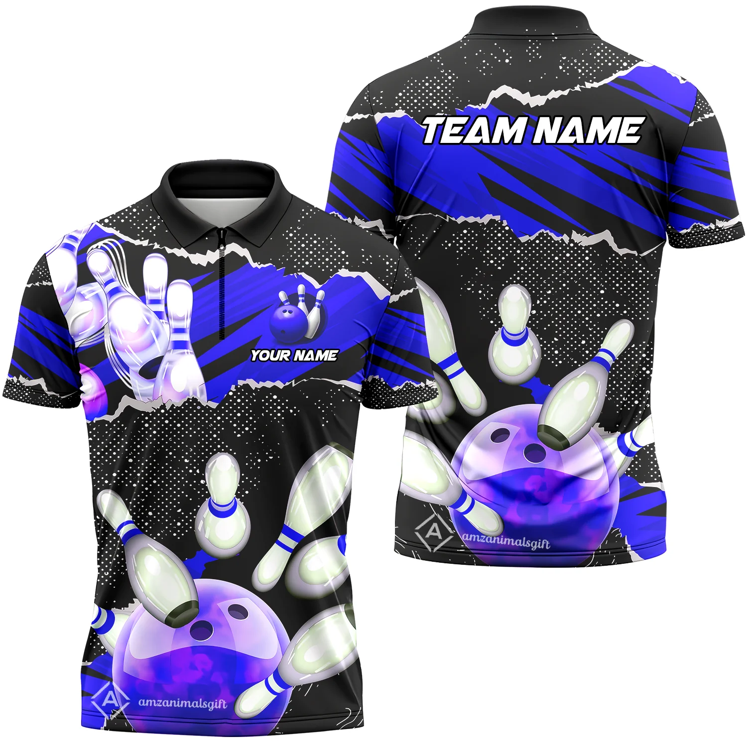 Personalized Bowling Team Quarter-Zip Polo Shirt, Bowling Uniforms Ball & Pins Sport Pattern Custom Name And Team Name - Image 2