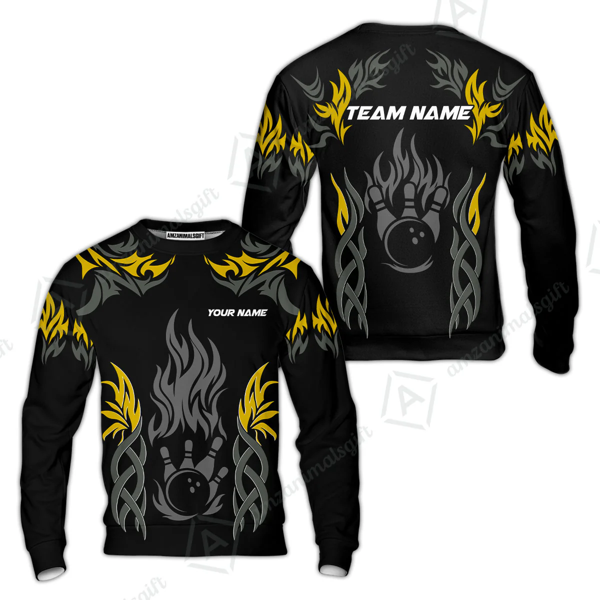 Personalized Bowling Team Sweatshirt, Tribal And Bowling Flame Multi Option Customized Polo Shirt - Black - Image 2