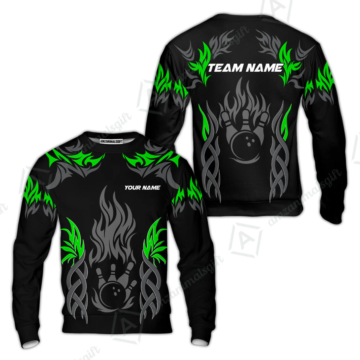 Personalized Bowling Team Sweatshirt, Tribal And Bowling Flame Multi Option Customized Polo Shirt - Black - Image 3