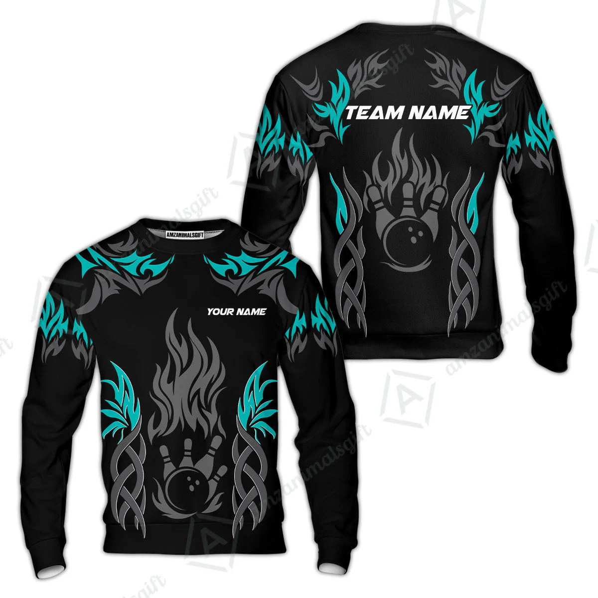 Personalized Bowling Team Sweatshirt, Tribal And Bowling Flame Multi Option Customized Polo Shirt - Black - Image 5