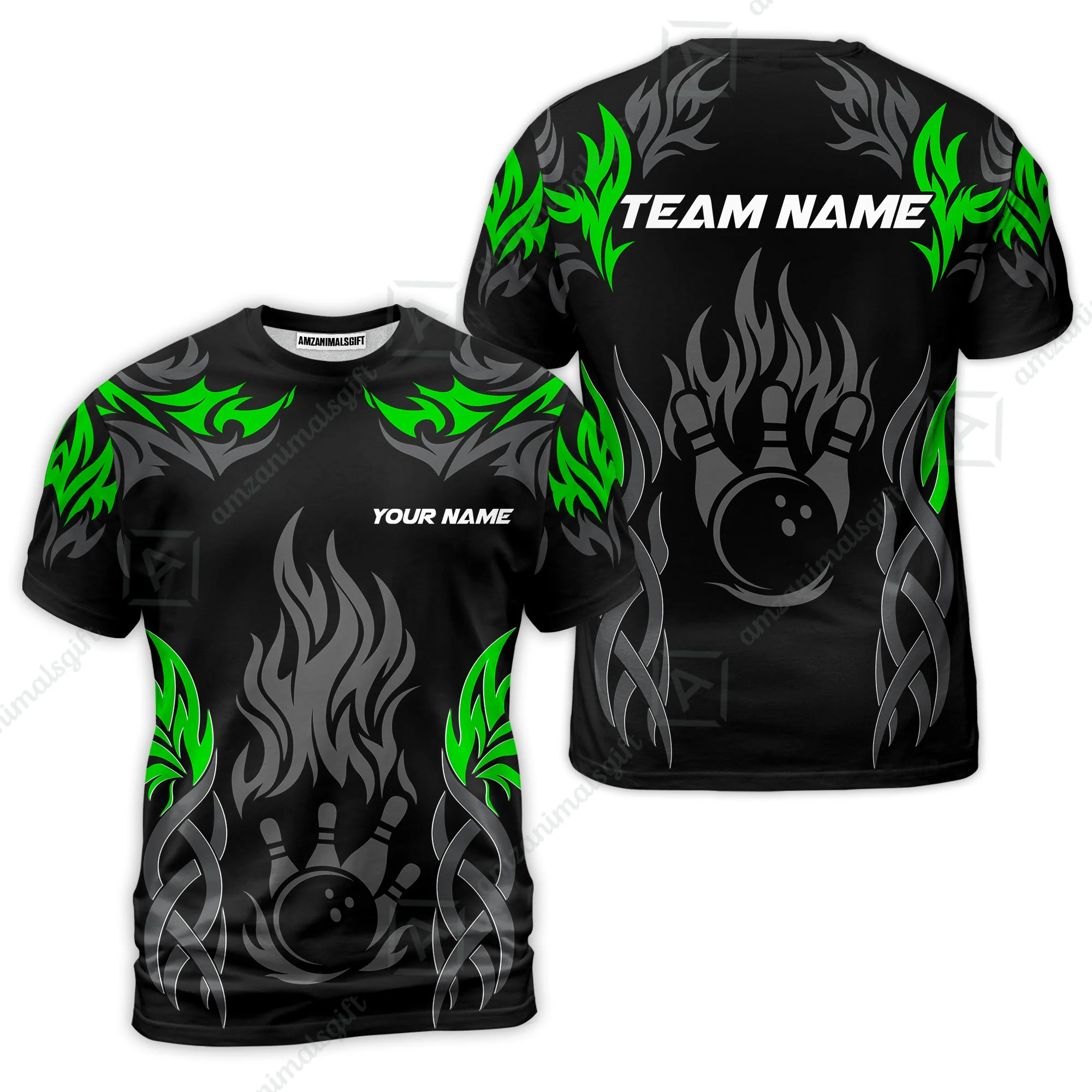 Personalized Bowling Team T-Shirt, Tribal And Bowling Flame Multi Option Customized Shirt - Black - Image 2