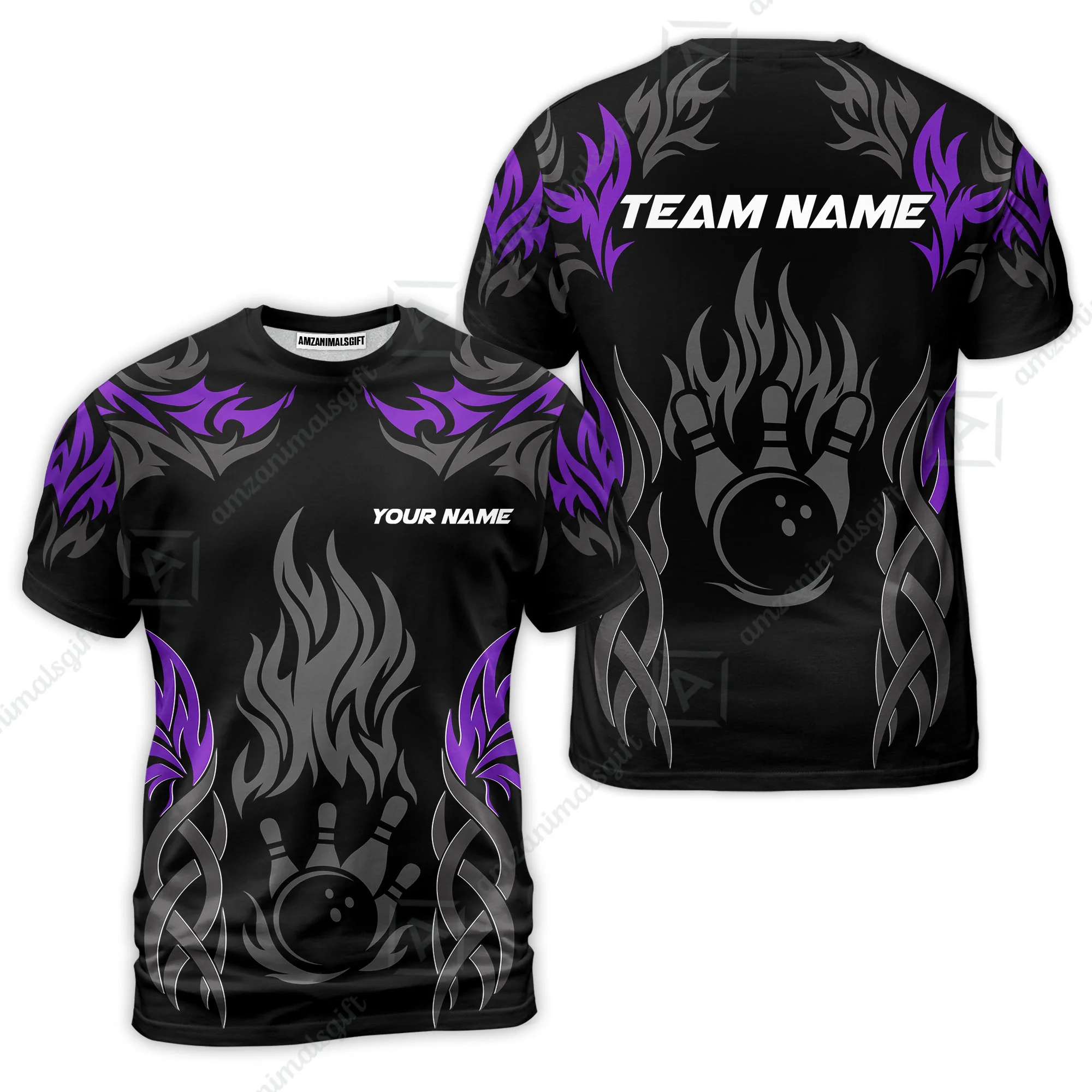 Personalized Bowling Team T-Shirt, Tribal And Bowling Flame Multi Option Customized Shirt - Black - Image 3