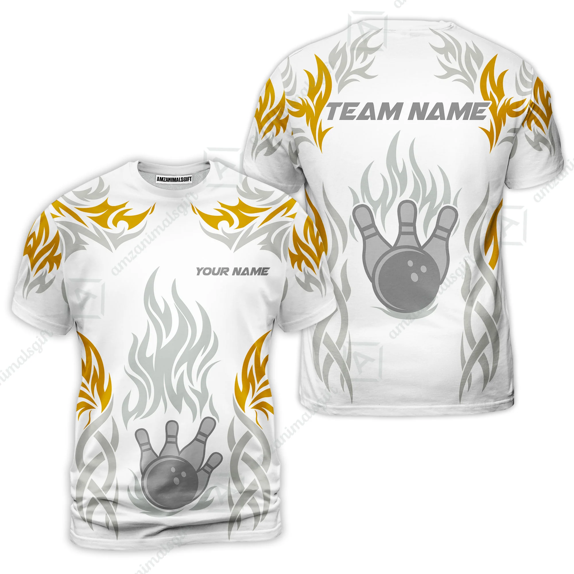 Personalized Bowling Team T-Shirt, Tribal And Bowling Flame Multi Option Customized Shirt - White - Image 3