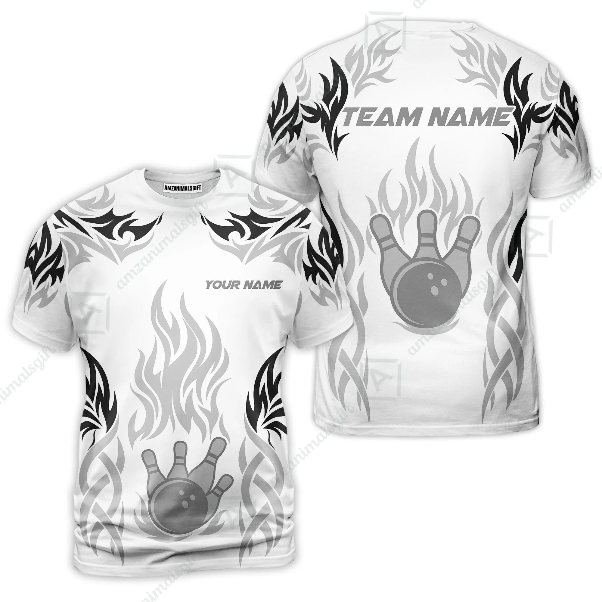 Personalized Bowling Team T-Shirt, Tribal And Bowling Flame Multi Option Customized Shirt - White - Image 4