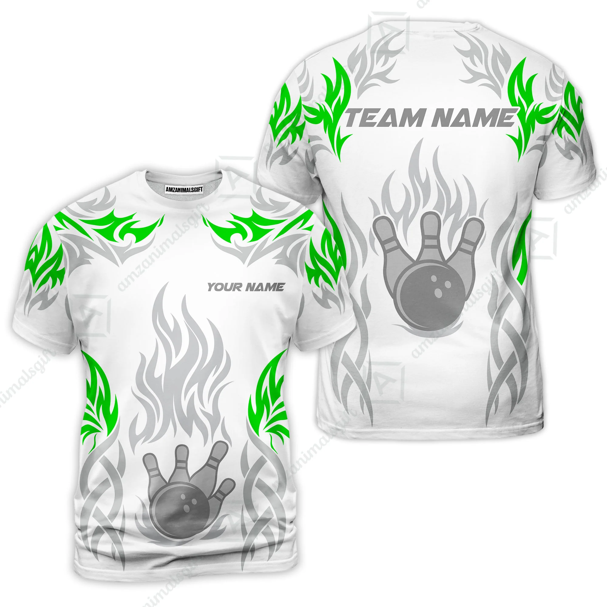 Personalized Bowling Team T-Shirt, Tribal And Bowling Flame Multi Option Customized Shirt - White - Image 5
