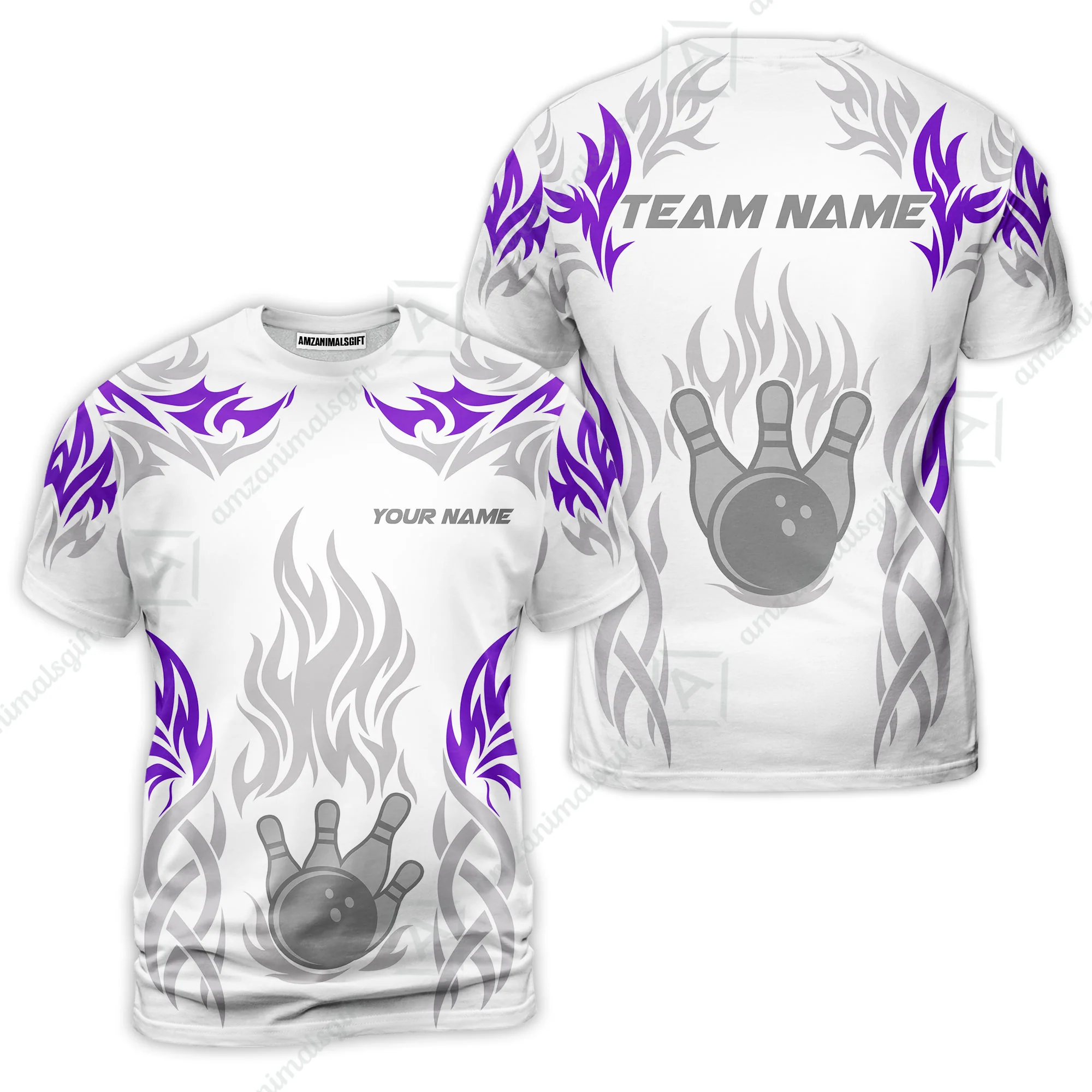 Personalized Bowling Team T-Shirt, Tribal And Bowling Flame Multi Option Customized Shirt - White - Image 6