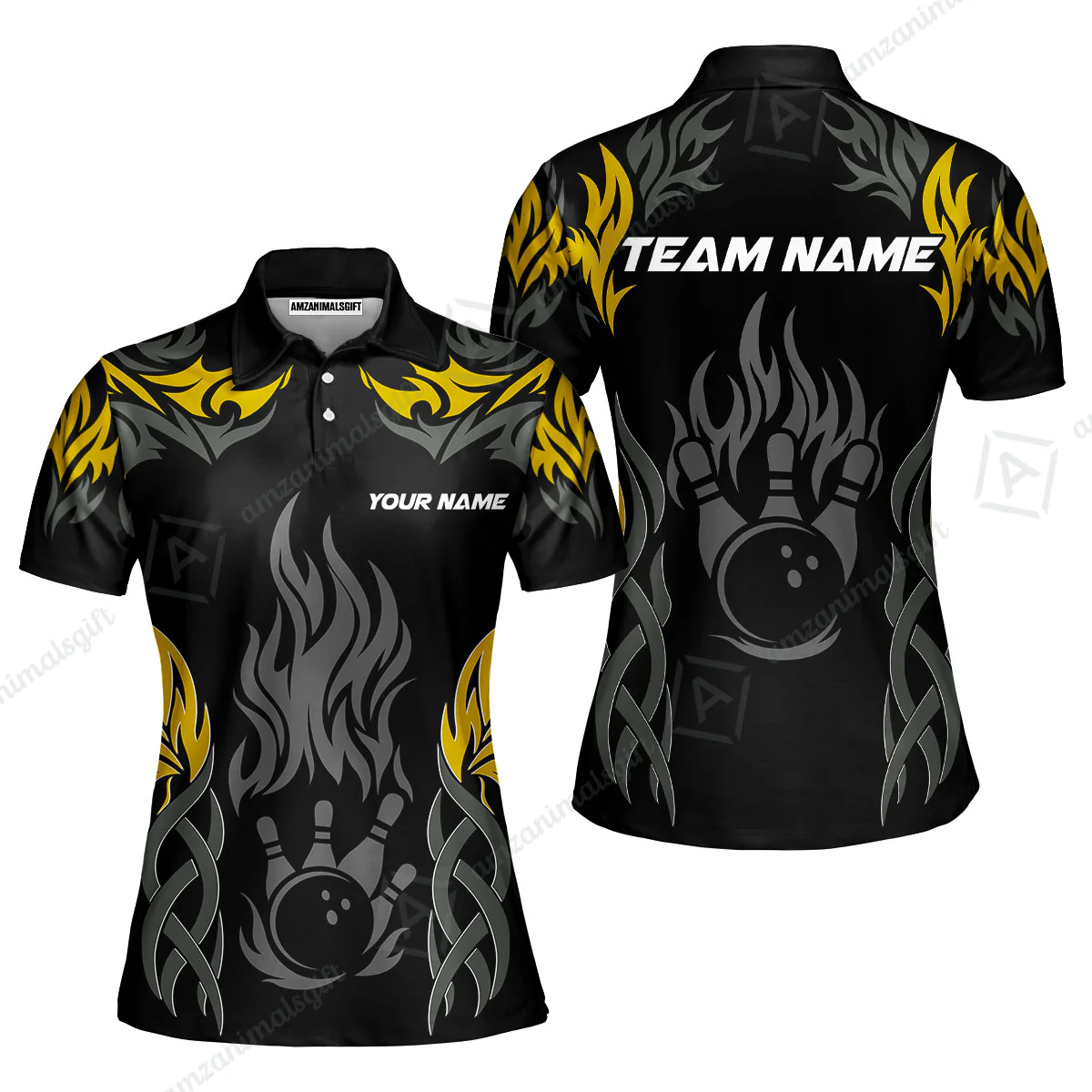 Personalized Bowling Team Women Polo Shirt, Tribal And Bowling Flame Multi Option Customized Polo Shirt - Black - Image 3