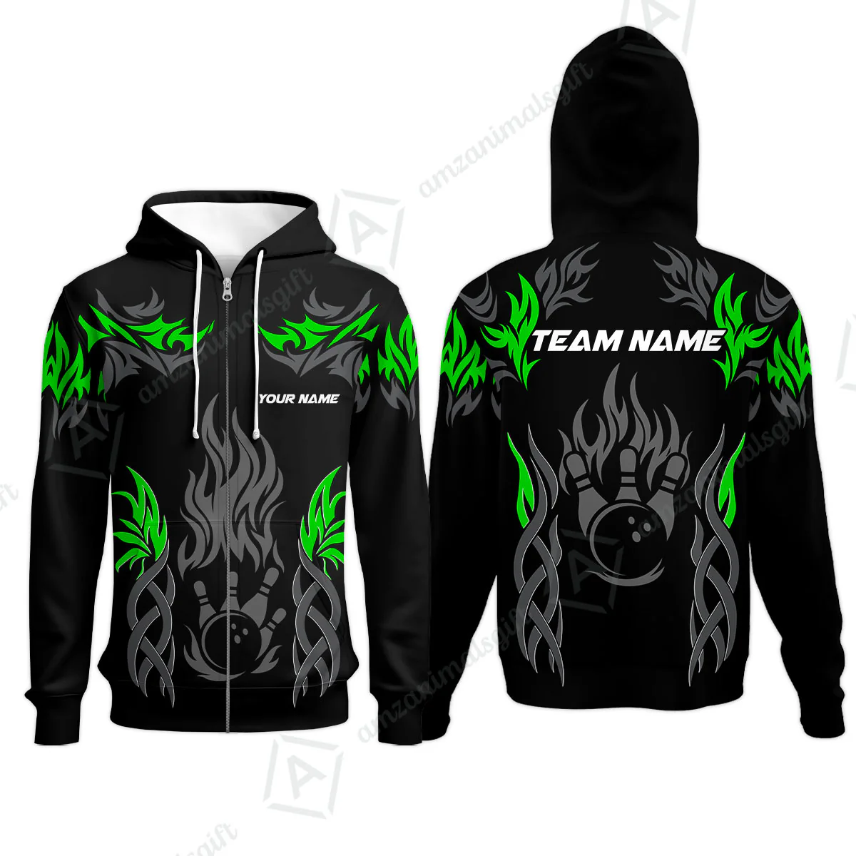 Personalized Bowling Team Zip Hoodie, Tribal And Bowling Flame Multi Option Customized Polo Shirt - Black - Image 3