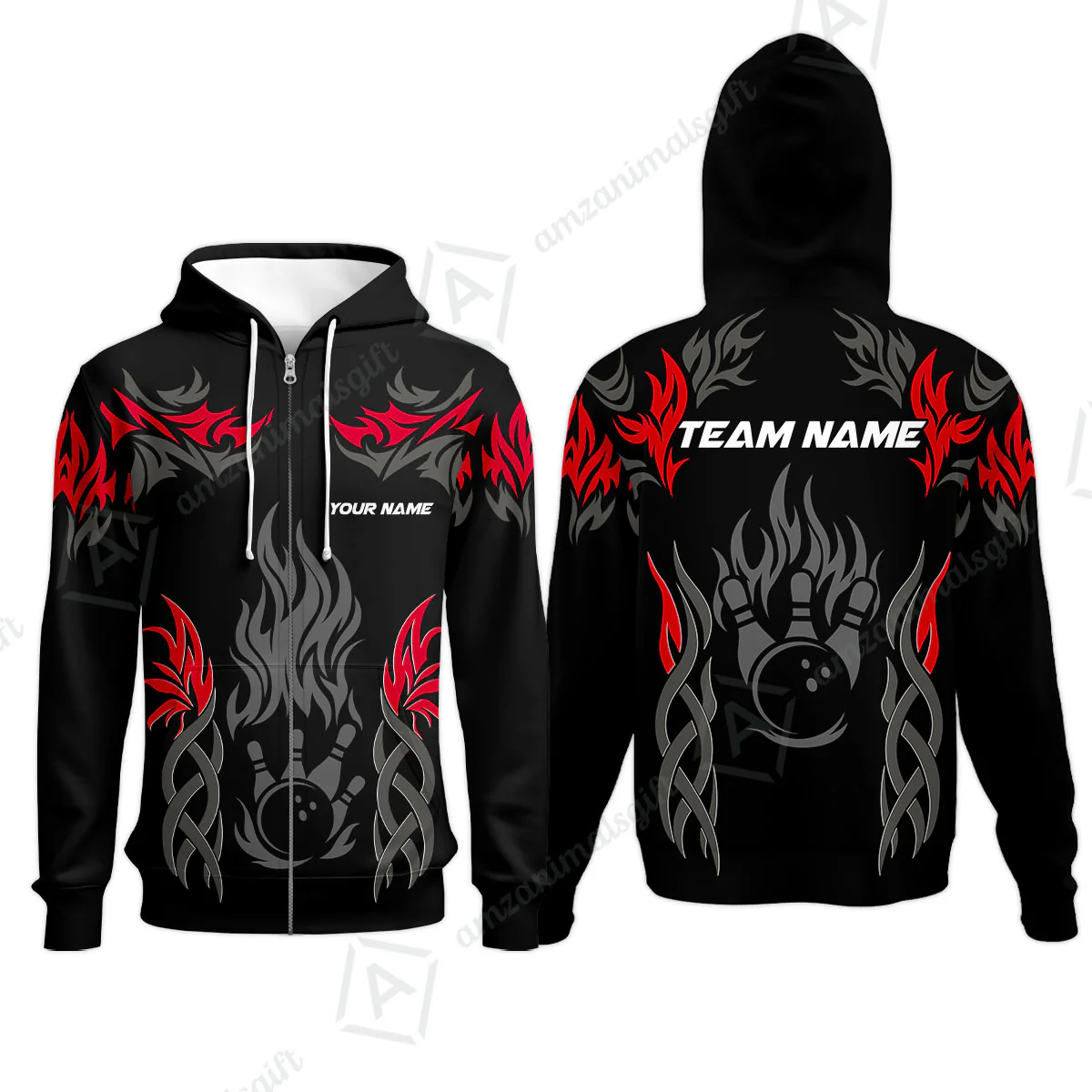 Personalized Bowling Team Zip Hoodie, Tribal And Bowling Flame Multi Option Customized Polo Shirt - Black - Image 4