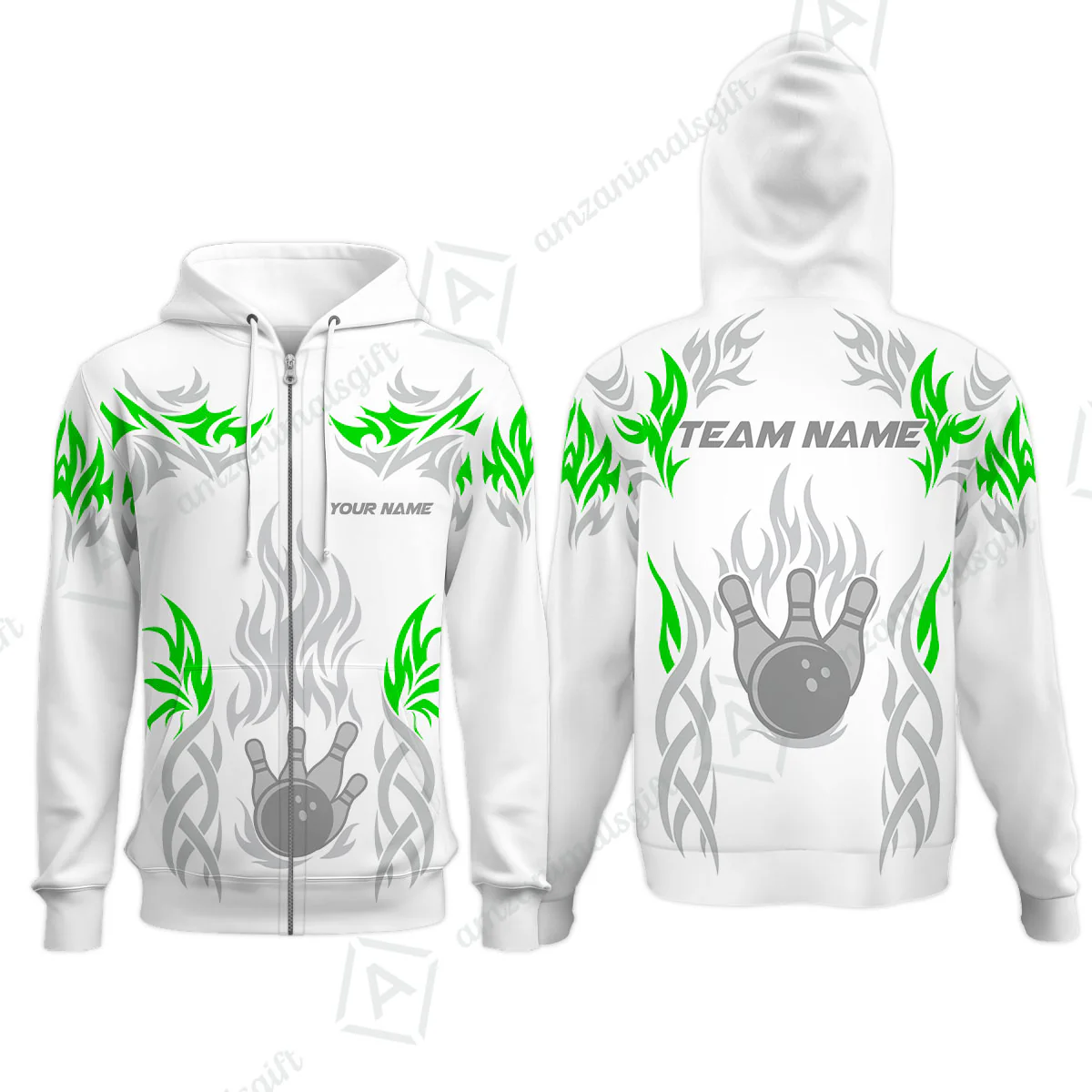Personalized Bowling Team Zip Hoodie, Tribal And Bowling Flame Multi Option Customized Polo Shirt - White - Image 5