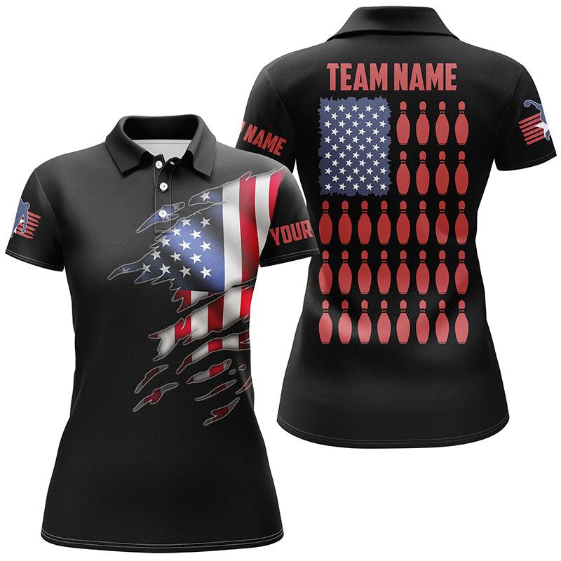 Personalized Bowling Women Polo Shirt - Custom Name American Flag Black Bowling Polo Shirt - Gift For Friend, Family, Bowling Lovers - Image 2