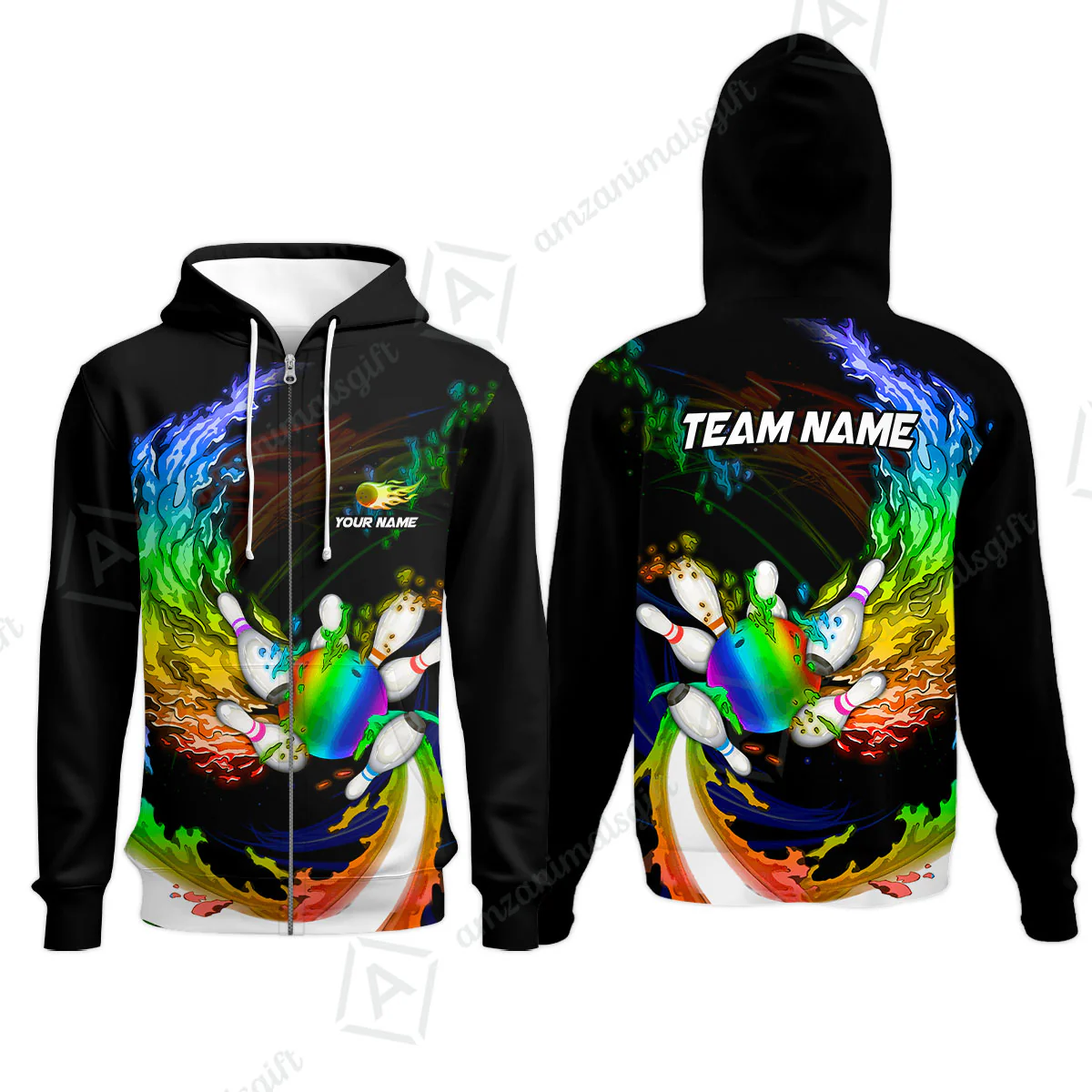 Personalized Bowling Zip Hoodie Breath Of Flaming Bowling Ball And Pins Multicolor Custom Name, Team Name For Bowlers - Image 2