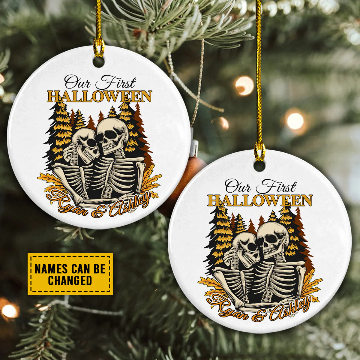 Personalized Ceramic Christmas Ornament - Custom Our First Halloween Skeleton Couple Ceramic Ornament, Perfect Gift For Couple, Halloween - Image 2