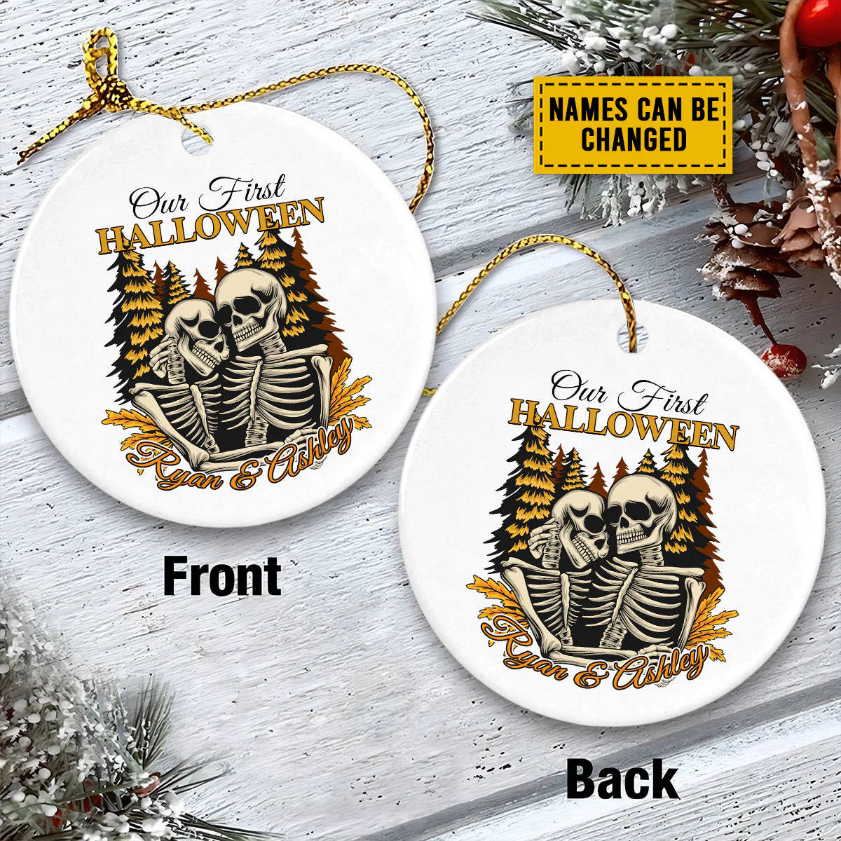 Personalized Ceramic Christmas Ornament - Custom Our First Halloween Skeleton Couple Ceramic Ornament, Perfect Gift For Couple, Halloween - Image 3