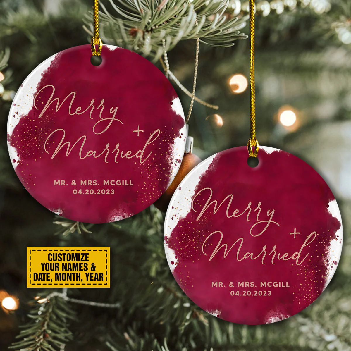 Personalized Couple Ceramic Christmas Ornament - Customize Merry And Married Ceramic Ornament For Wedding, Couple - Image 3