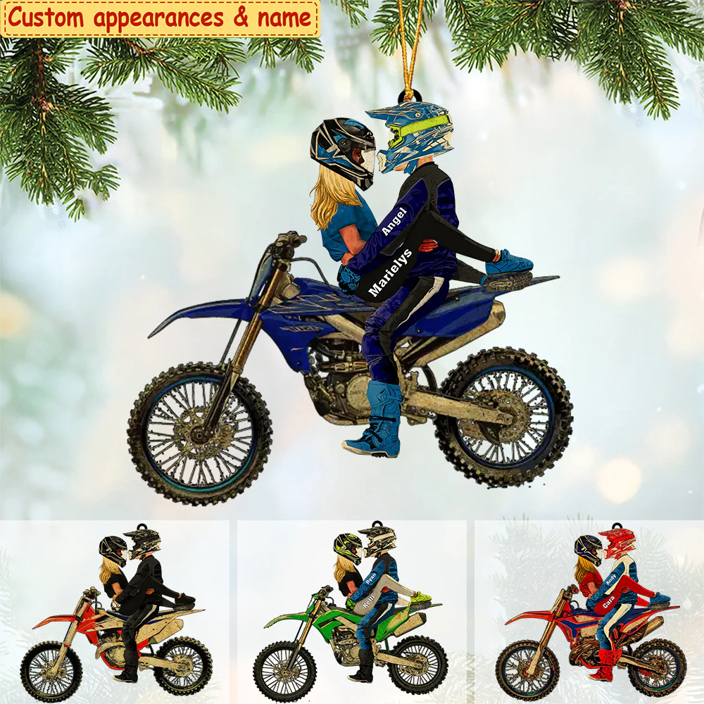 Personalized Couple Hug On Dirt Bike Flat Acrylic Ornament, Meaningful Ornament Gifts For Couple Partners Love Dirt Bike - Image 3