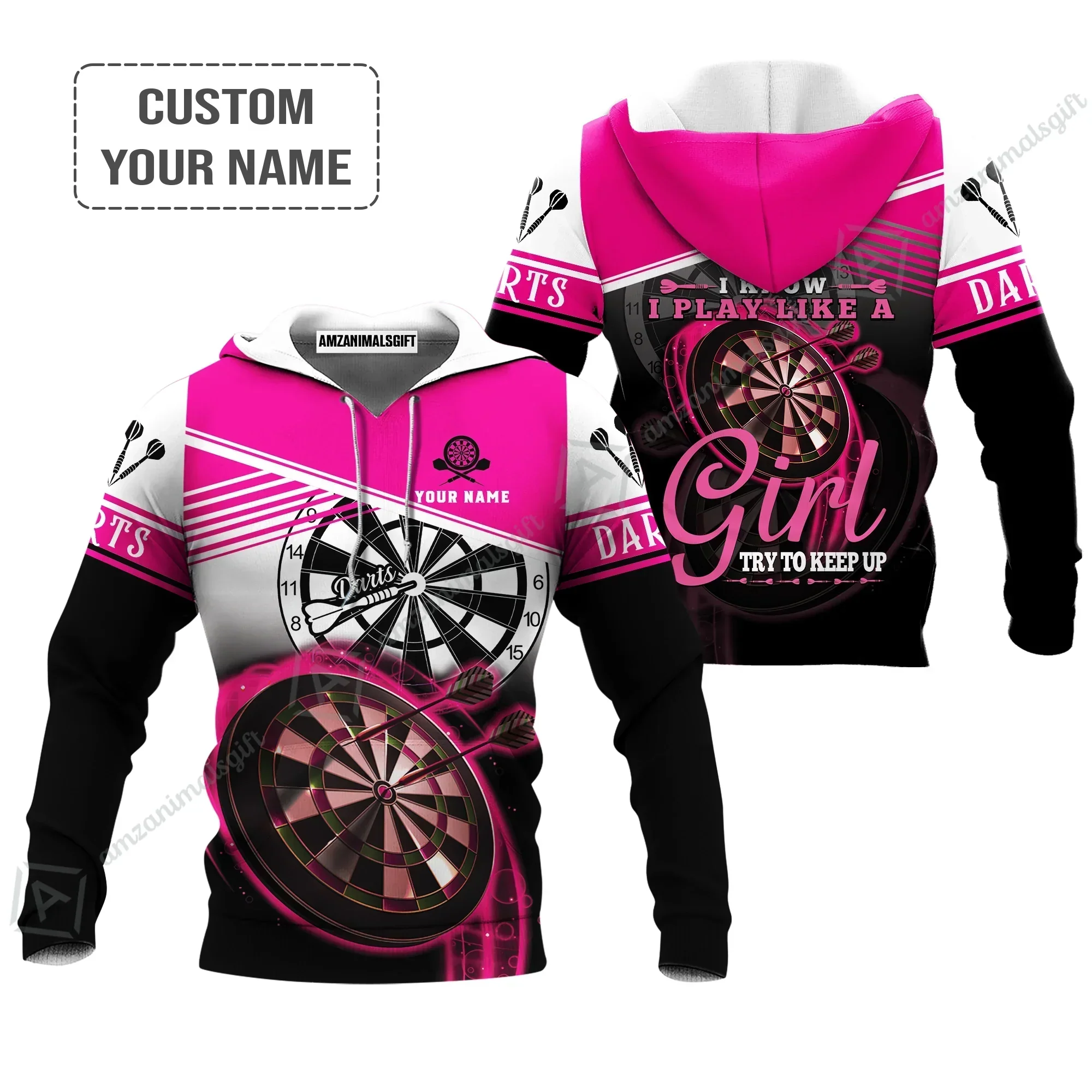 Personalized Darts Hoodie, Darts Pink Color Hoodie I Know I Play Like A Girl Try To Keep Up, Outfits For Darts Players, Darts Team - Image 2