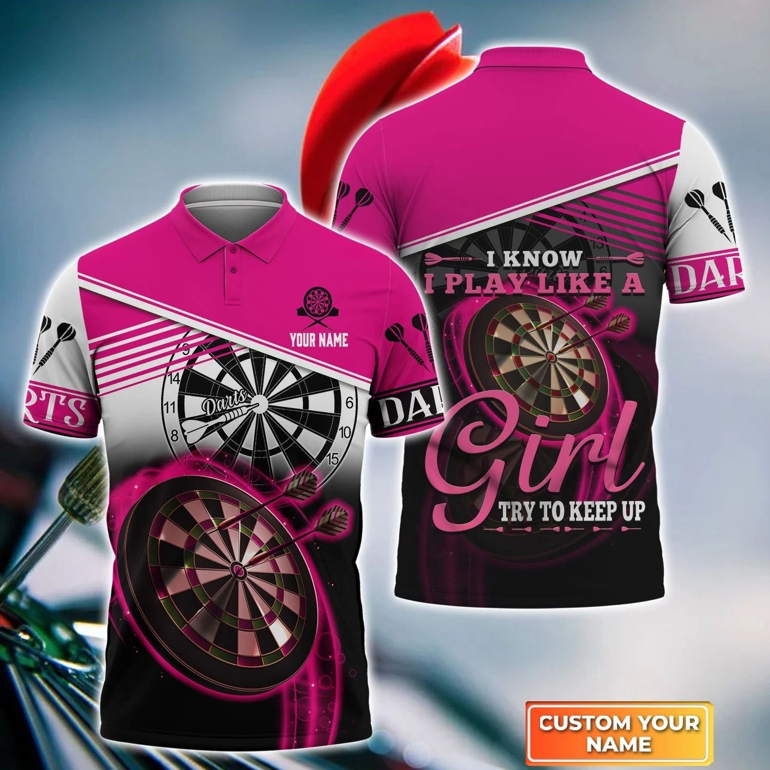 Personalized Darts Long Polo Shirt, Darts Pink Color Shirt I Know I Play Like A Girl Try To Keep Up, Outfits For Darts Players, Darts Team - Image 7