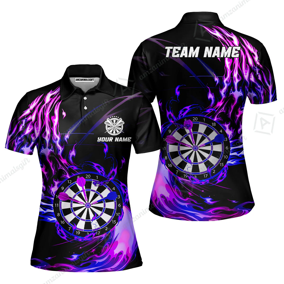 Personalized Darts Hawaiian Shirt - Custom Name & Team Name Darts Purple Fire Polo Shirt For Women, Darts Team, Darts Lover - Image 25