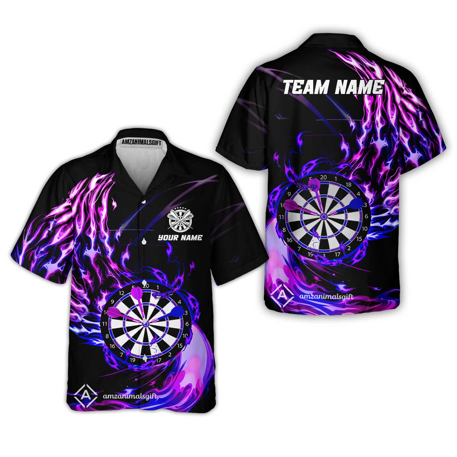 Personalized Darts Hawaiian Shirt - Custom Name & Team Name Darts Purple Fire Polo Shirt For Women, Darts Team, Darts Lover - Image 3