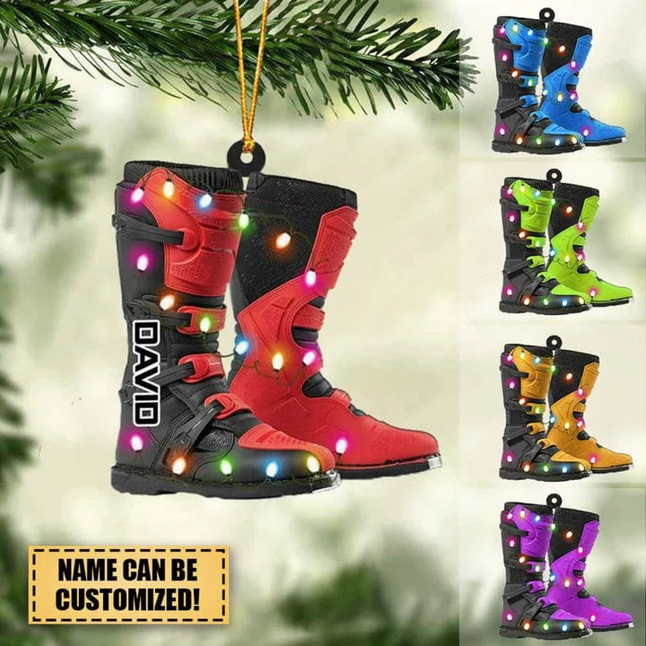 Personalized Dirt Bike Boots With Christmas Light Ornament, Custom Name Acrylic Ornament For Biker, Racer - Image 2