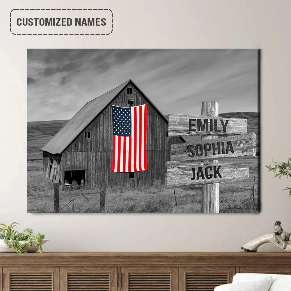 Personalized Family Member Names Black And White Wall Art, American Barn Wooden Name Signs Landscape Canvas Poster Decor - Image 2