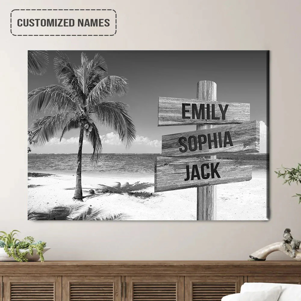 Personalized Family Member Names Black And White Wall Art, Sea Breeze Wooden Name Signs Landscape Canvas Home Decor - Image 2