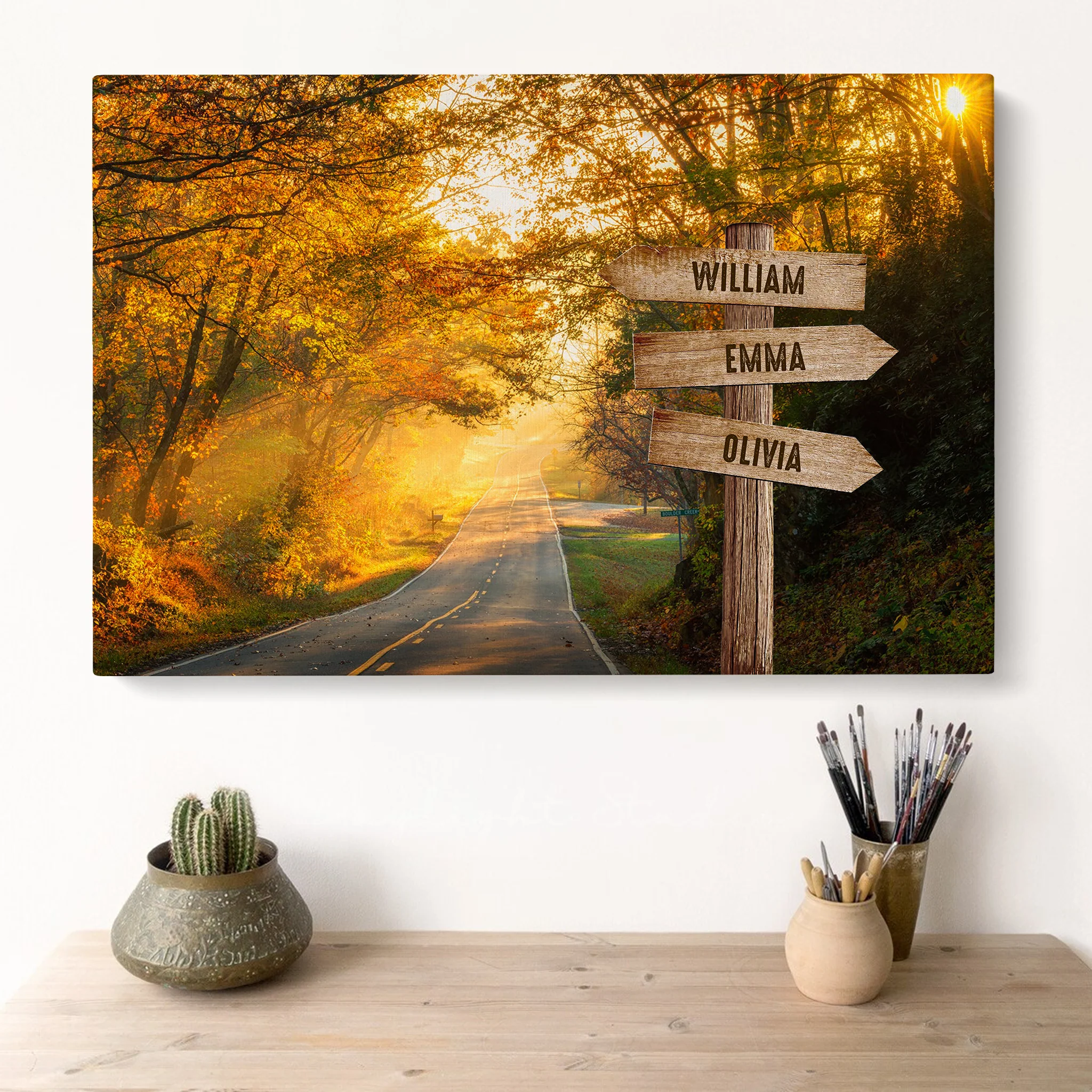 Personalized Family Member Names Wall Art, Autumn Road Multi-Names Wooden Signs Landscape Canvas, Family Home Decor - Image 2