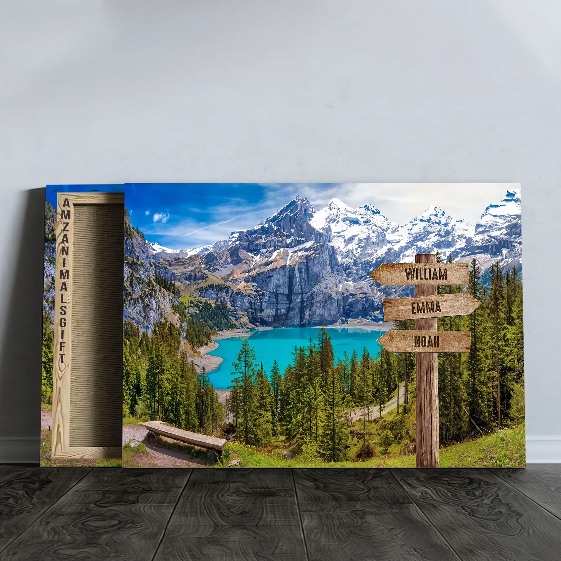 Personalized Family Member Names Wall Art, Oeschinen Lake Wooden Signs Multi-Names Landscape Canvas Decor For Home - Image 2