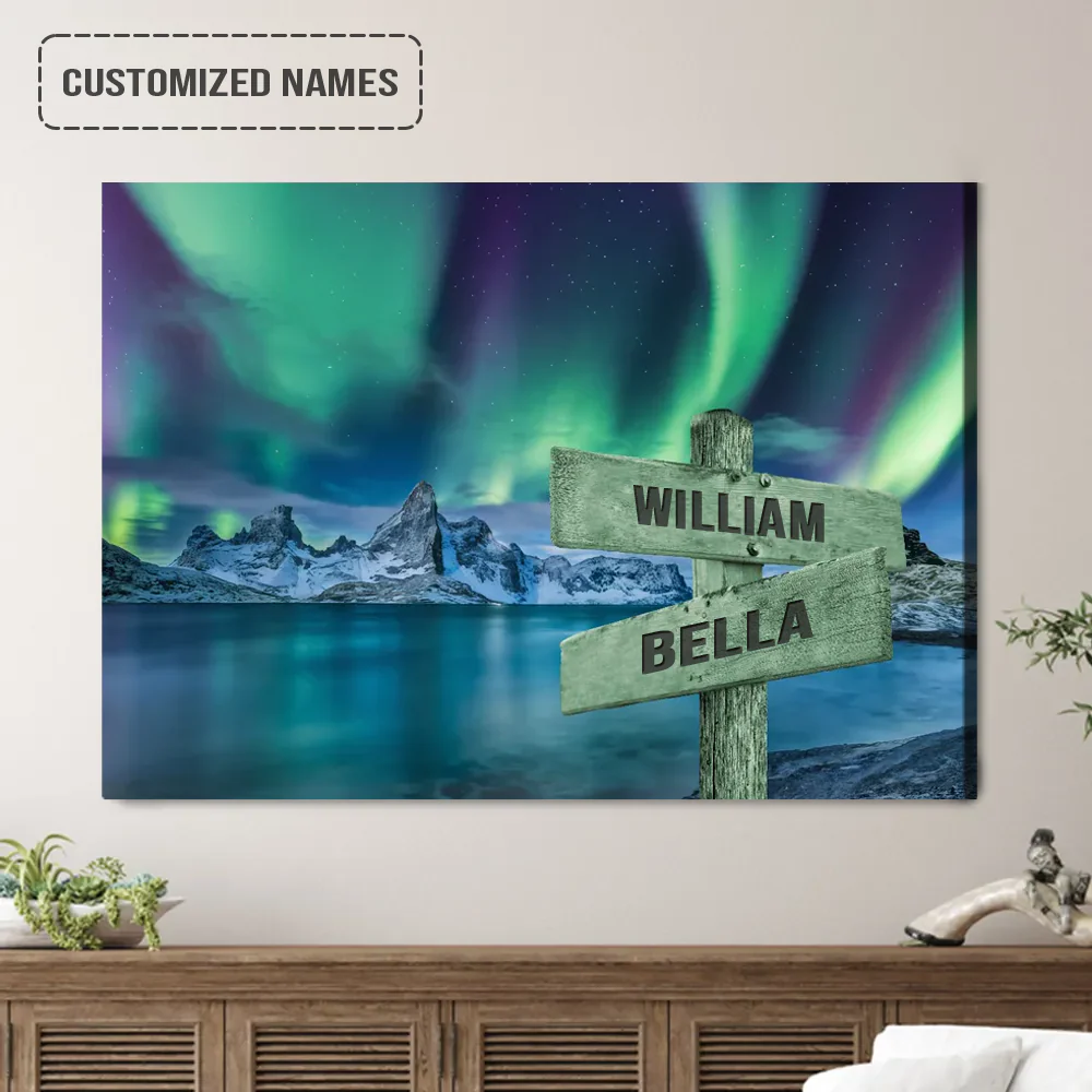 Personalized Family Names Sign Wall Art Canvas Hanging, Aurora Scenery On Lake Landscape Canvas Poster Home Decor - Image 2