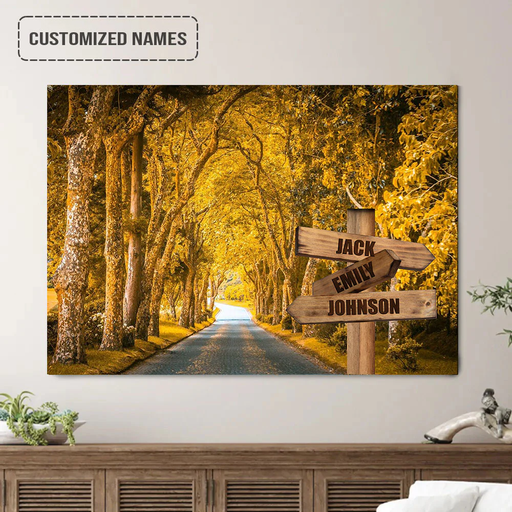 Personalized Family Names Sign Wall Art Canvas Hanging, Autumn Yellow Road Landscape Canvas Poster Perfect Home Decor - Image 2