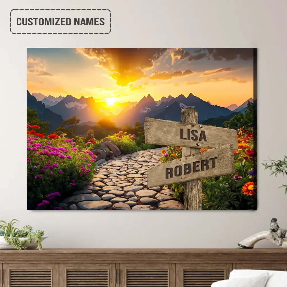 Personalized Family Names Sign Wall Art Canvas Hanging, Mountain Path Sunset Landscape Canvas Poster Perfect Home Decor - Image 2