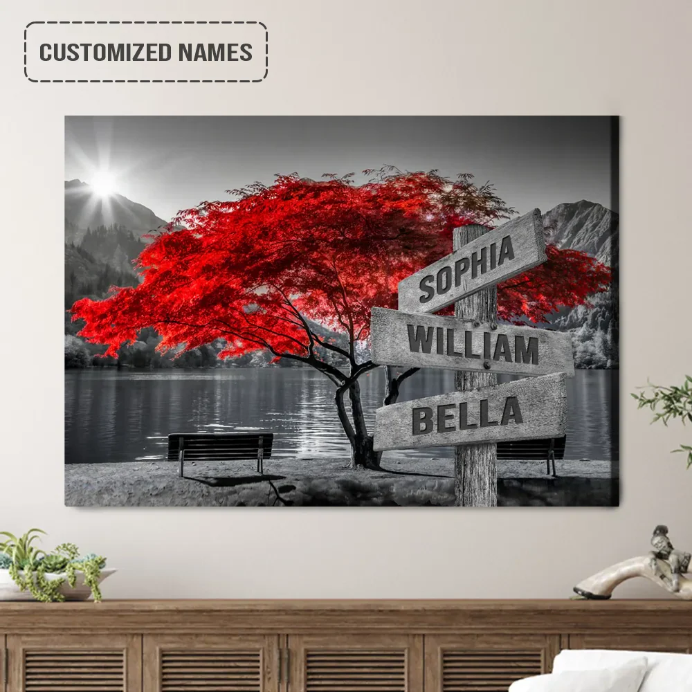 Personalized Family Names Sign Wall Art Canvas Hanging, Red Tree On Lake Black And White Landscape Canvas Decor - Image 2