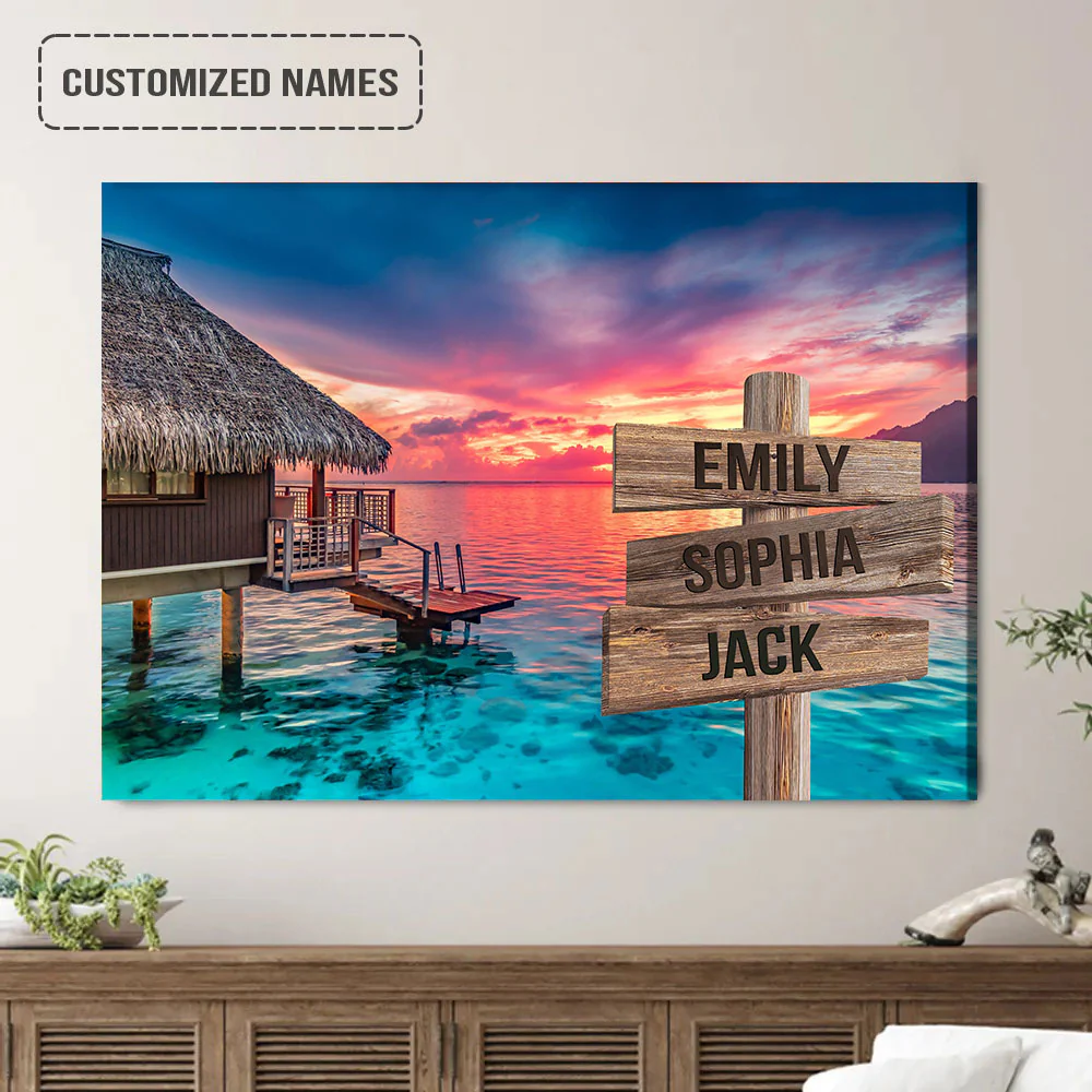 Personalized Family Names Sign Wall Art Canvas Hanging, Thatched Hut Sunset On Ocean Landscape Canvas Poster Home Decor - Image 2